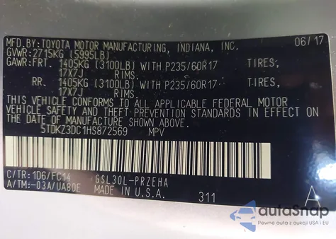 2017 Toyota Sienna Le 8 Passenger z USA, uszkodzony, nr VIN 5TDKZ3DC1HS872569